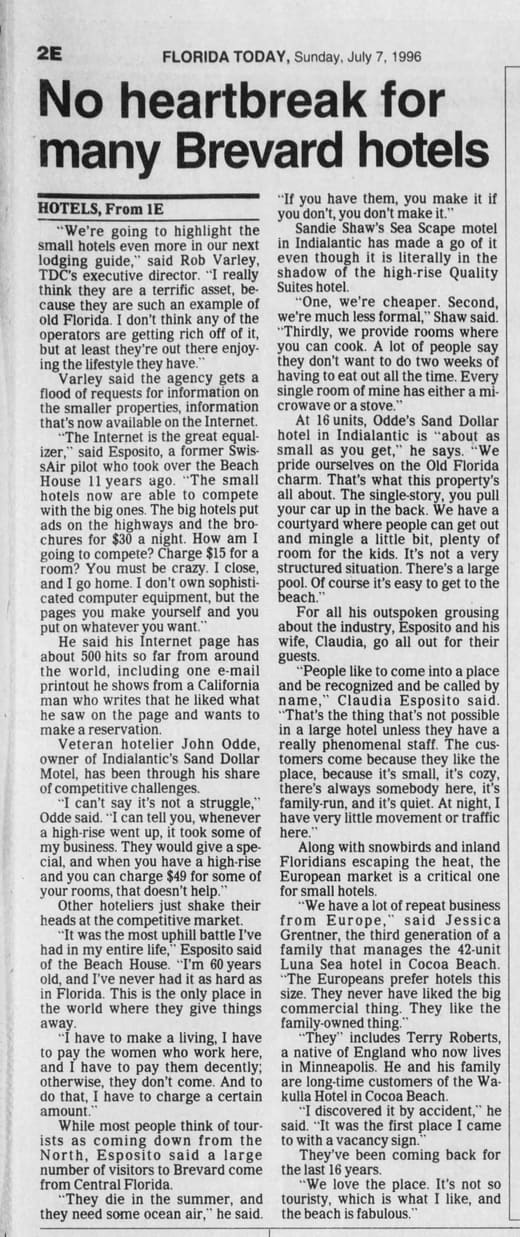 1996 Florida Today article 'No heartbreak for many Brevard hotels' quoting Jessica Grentner.