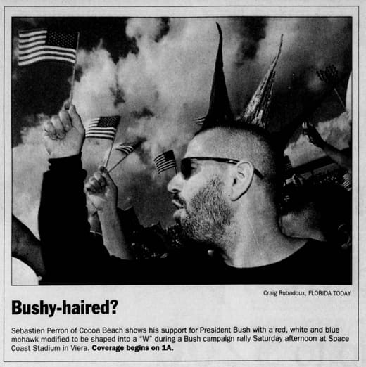 2004 Florida Today news photo of Sebastien Perron with a patriotic mohawk at a campaign rally.
