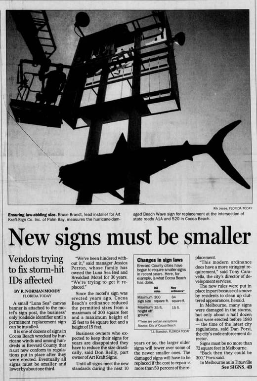 2004 Florida Today article 'New signs must be smaller' featuring the Luna Sea motel.