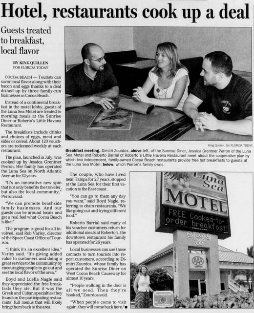2006 Florida Today article 'Hotel, restaurants cook up a deal' about the Luna Sea breakfast partnership.