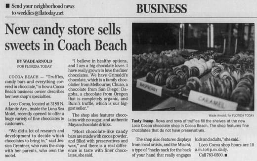 2007 Florida Today business article about the Loco Cocoa chocolate shop in Cocoa Beach.