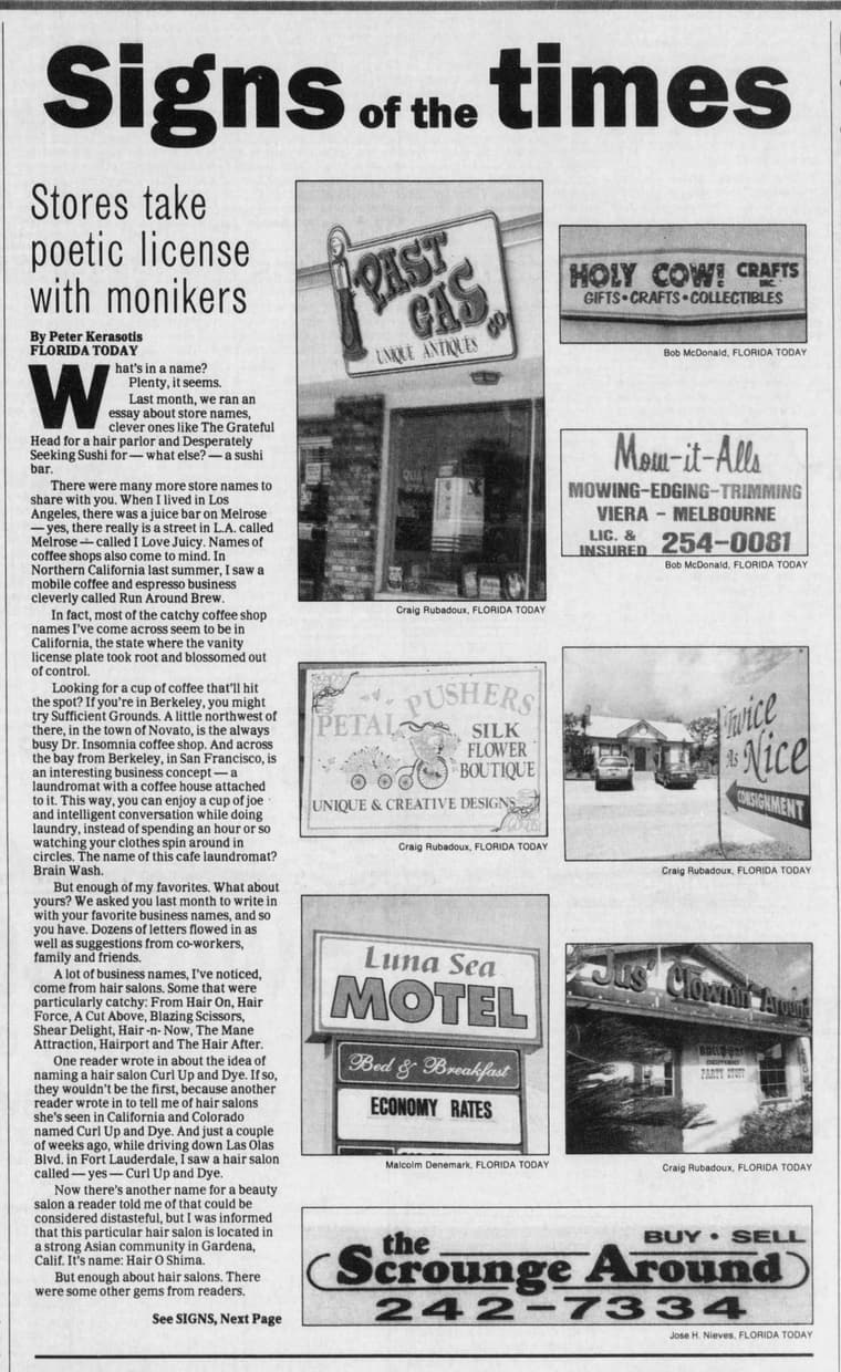 Florida Today 1996: Signs of the times — Stores take poetic license with monikers
