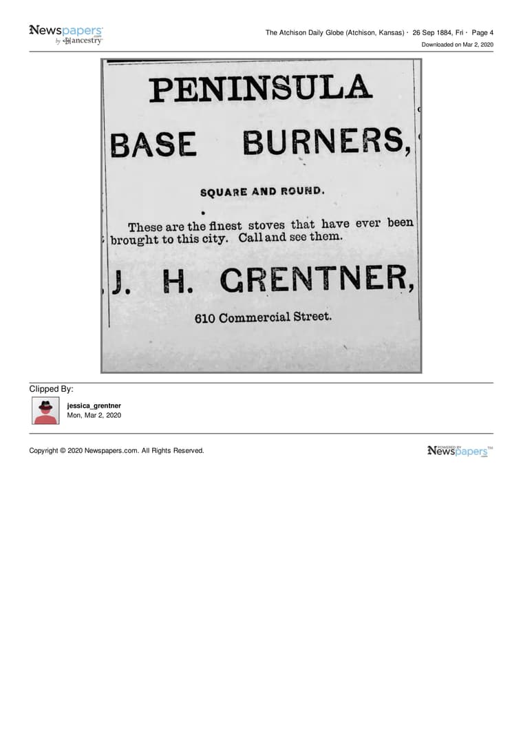 The Atchison Daily Globe 1884: Peninsula Base Burners, Square and Round.