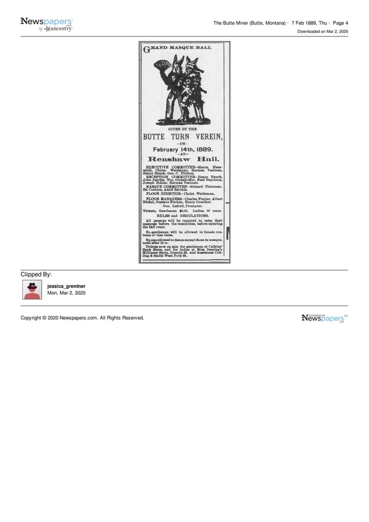 The Butte Miner 1889: Grand Masque Ball