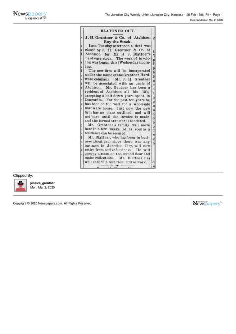 The Junction City Weekly Union 1898: Blattner Out. — J. H. Grentner Co. of Atchison Buy the Stock.