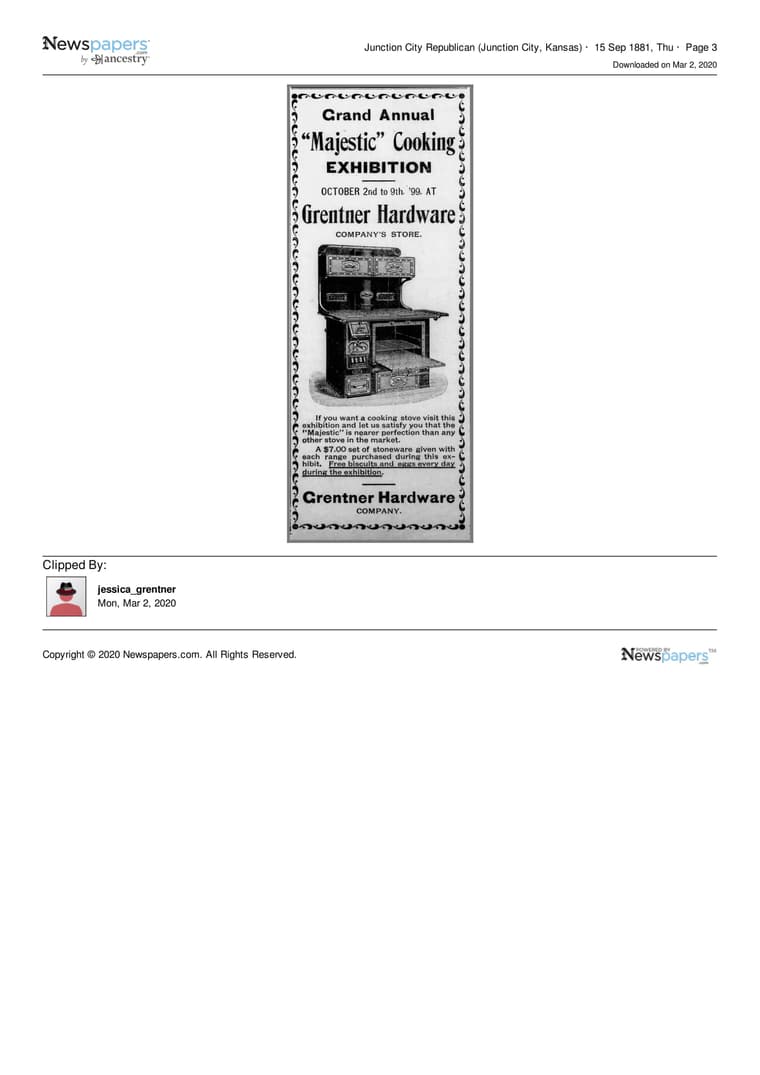 Junction City Republican 1899: Grand Annual Majestic Cooking Exhibition