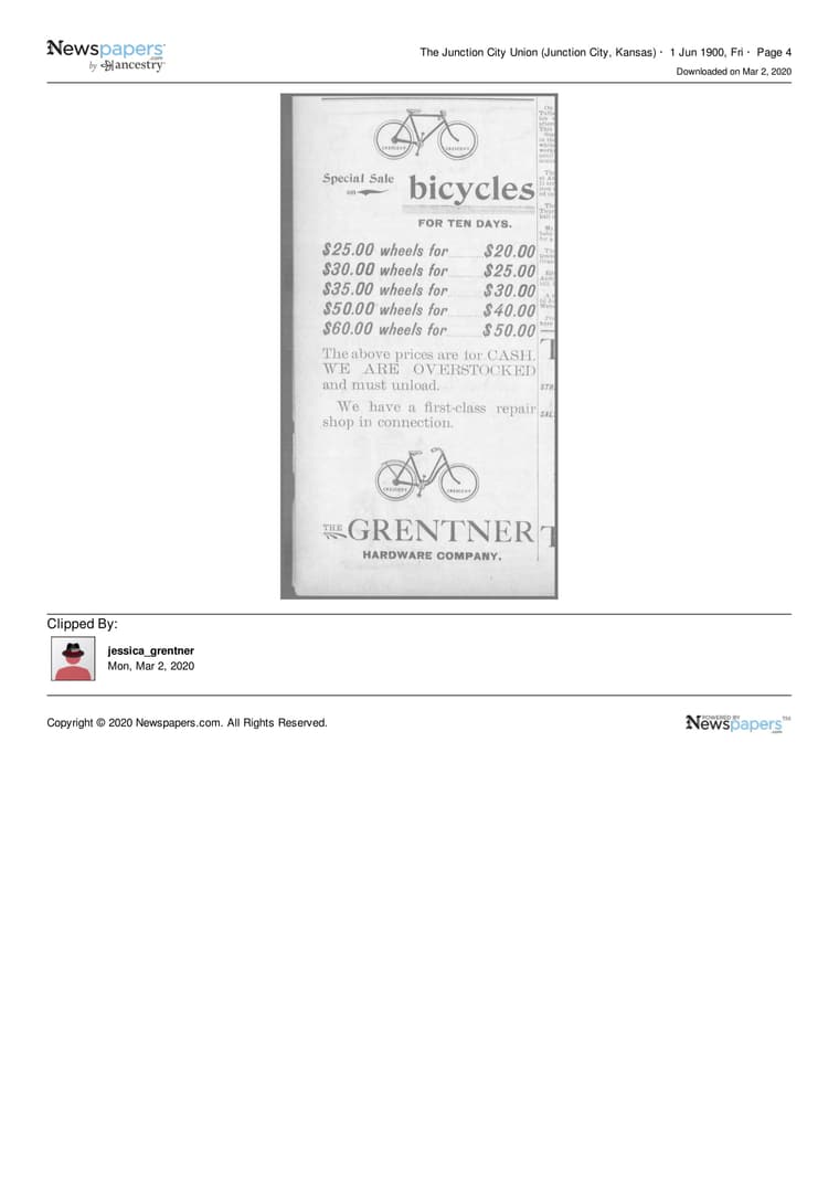 The Junction City Union 1900: Special Sale on bicycles — For Ten Days.