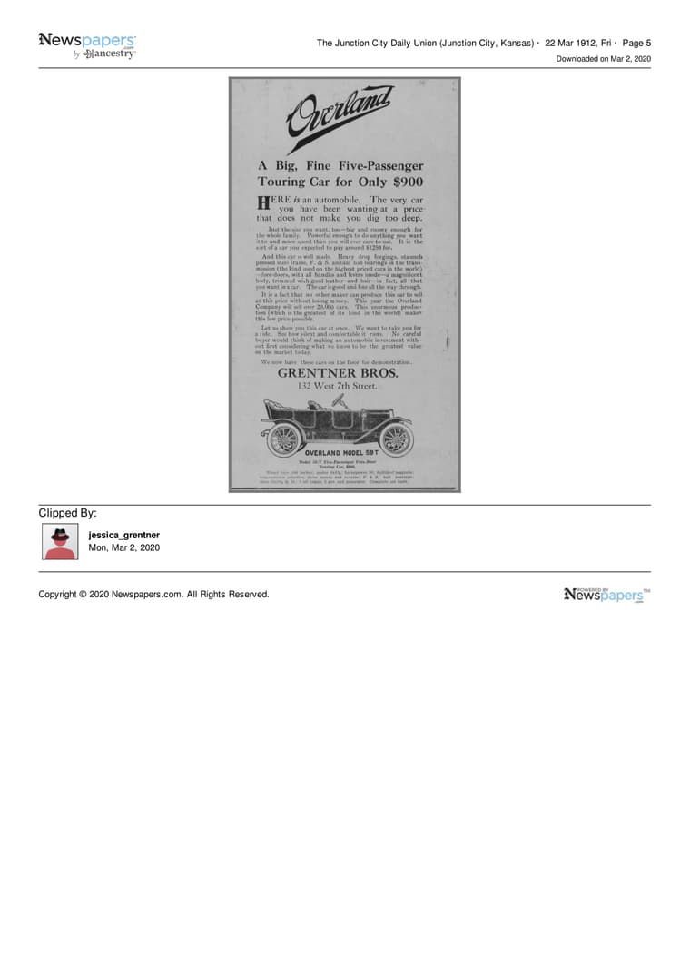 The Junction City Daily Union 1912: A Big, Fine Five-Passenger Touring Car for Only $900