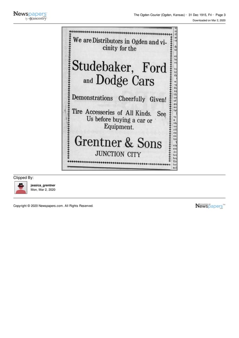 The Ogden Courier 1915: We are Distributors in Ogden and vicinity for the Studebaker, Ford and Dodge Cars