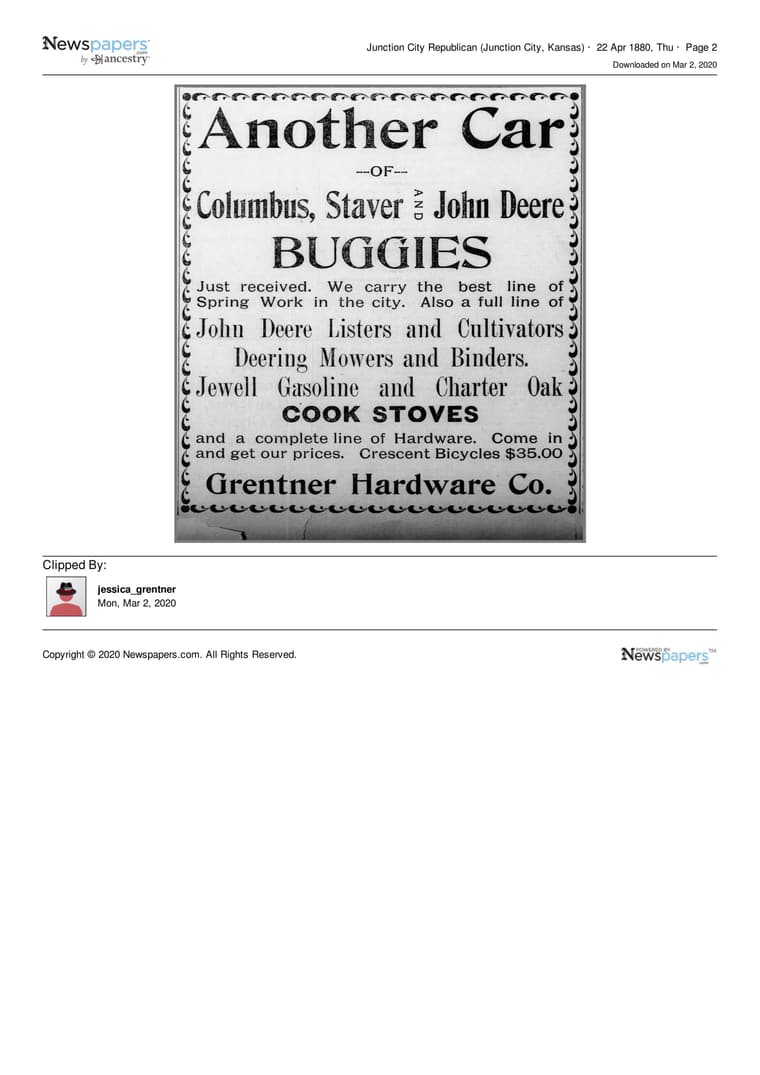 Junction City Republican c. 1899: Another Car of Columbus, Staver and John Deere Buggies
