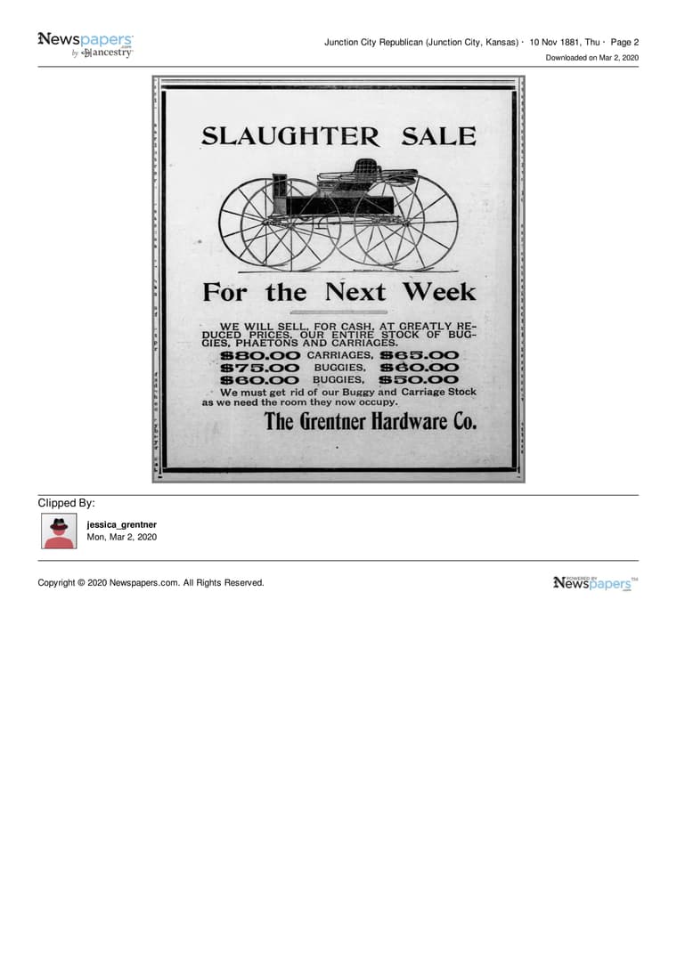 Junction City Republican c. 1881: Slaughter Sale — For the Next Week