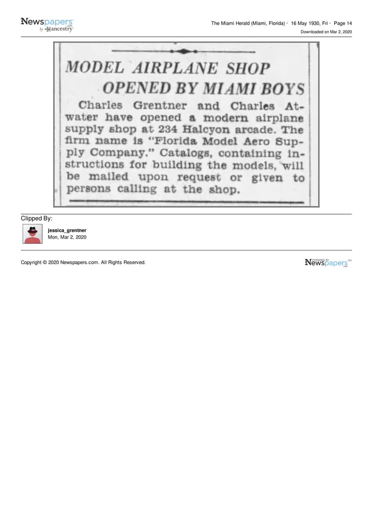 The Miami Herald 1930: Model Airplane Shop Opened by Miami Boys