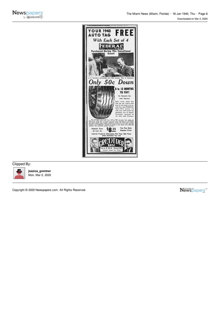 The Miami News 1940: Your 1940 Auto Tag Free — With Each Set of 4 Federal Extra Service Tires