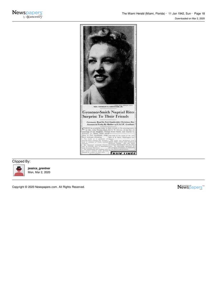 The Miami Herald 1942: Grentner-Smith Nuptial Rites Surprise To Their Friends