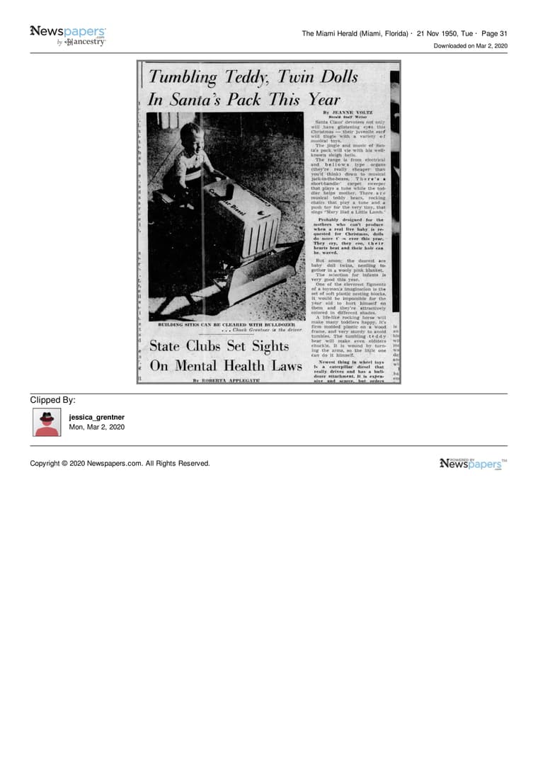 The Miami Herald 1950: Building sites can be cleared with bulldozer Chuck Grentner is the driver