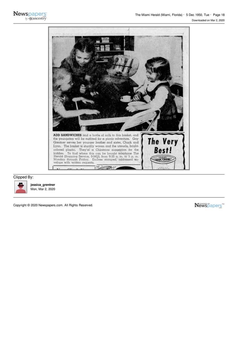 The Miami Herald 1950: Add sandwiches and a bottle of milk to this basket