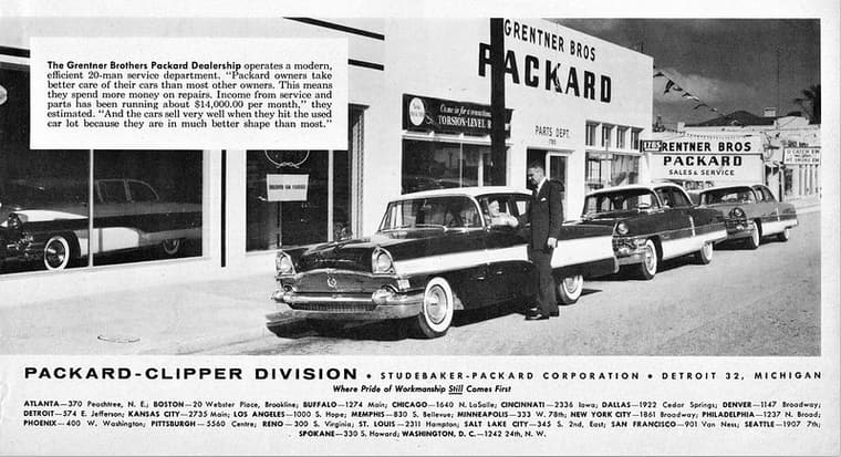 Packard-Clipper Division c. 1955: The Grentner Brothers Packard Dealership operates a modern, efficient 20-man service department.