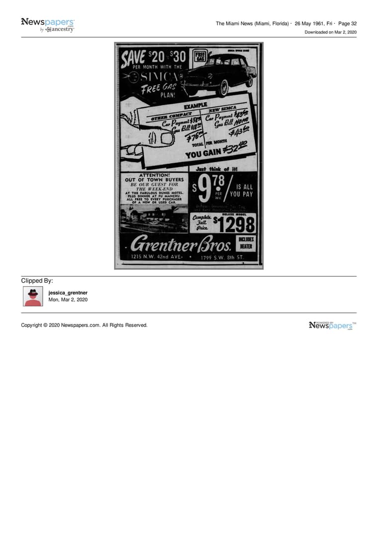 The Miami News 1961: Save $20 to $30 Per Month With the Simca Free Gas Plan!