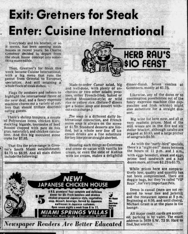 The Miami News 1975: Exit: Gretners for Steak / Enter: Cuisine International