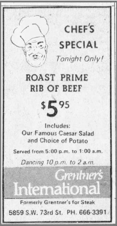Display advertisement c. 1976: Chef s Special — Tonight Only! Roast Prime Rib of Beef $5.95