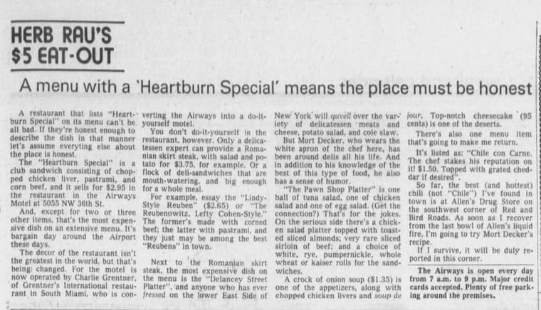 The Miami News 1977: A menu with a Heartburn Special means the place must be honest