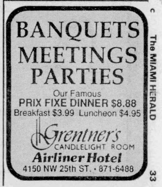1988 Miami Herald advertisement for banquets, meetings and parties at Grentner's Candlelight Room.