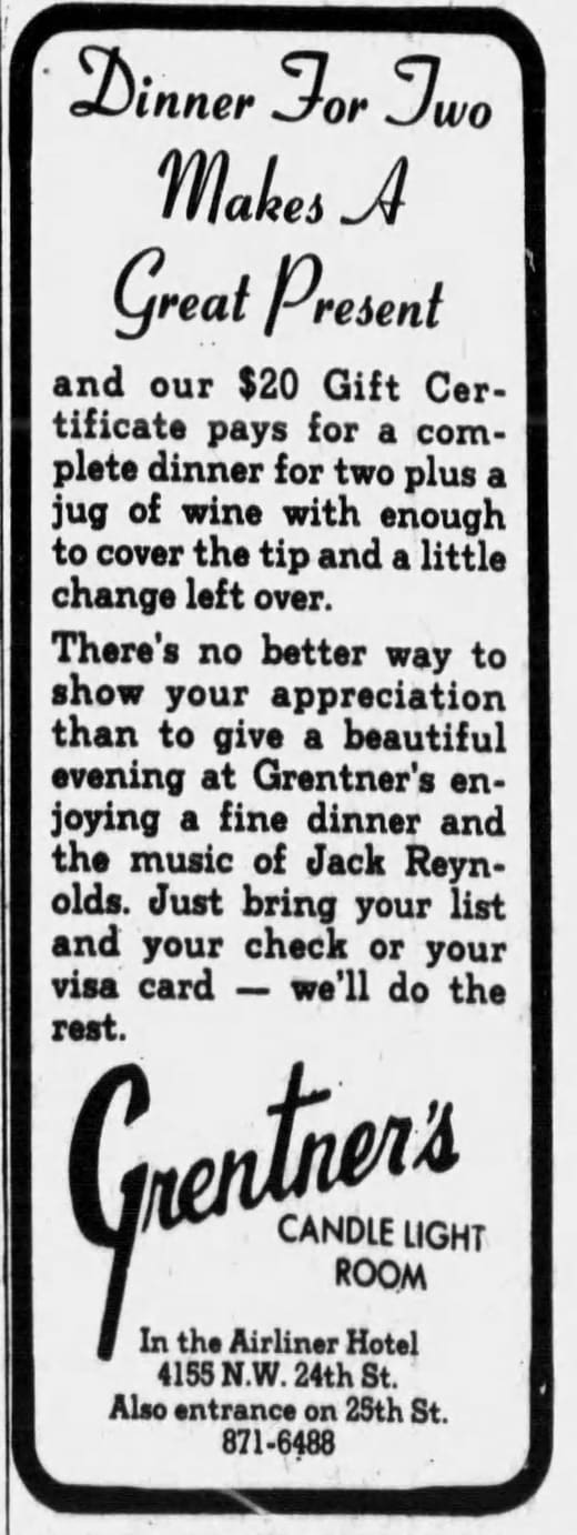 1981 Miami News advertisement for Grentner's Candle Light Room at the Airliner Hotel.