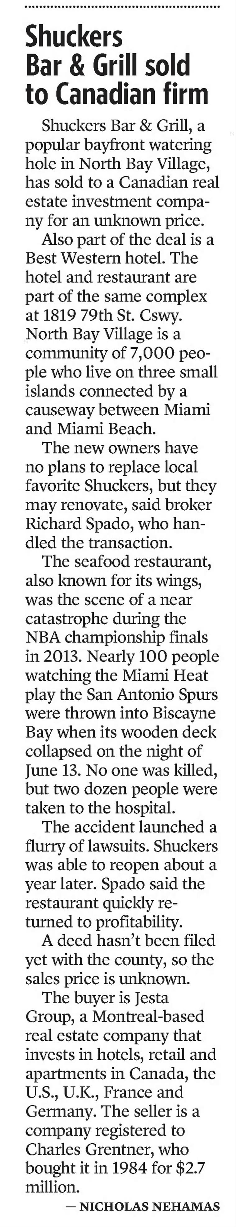 The Miami Herald 2016: Shuckers Bar Grill sold to Canadian firm