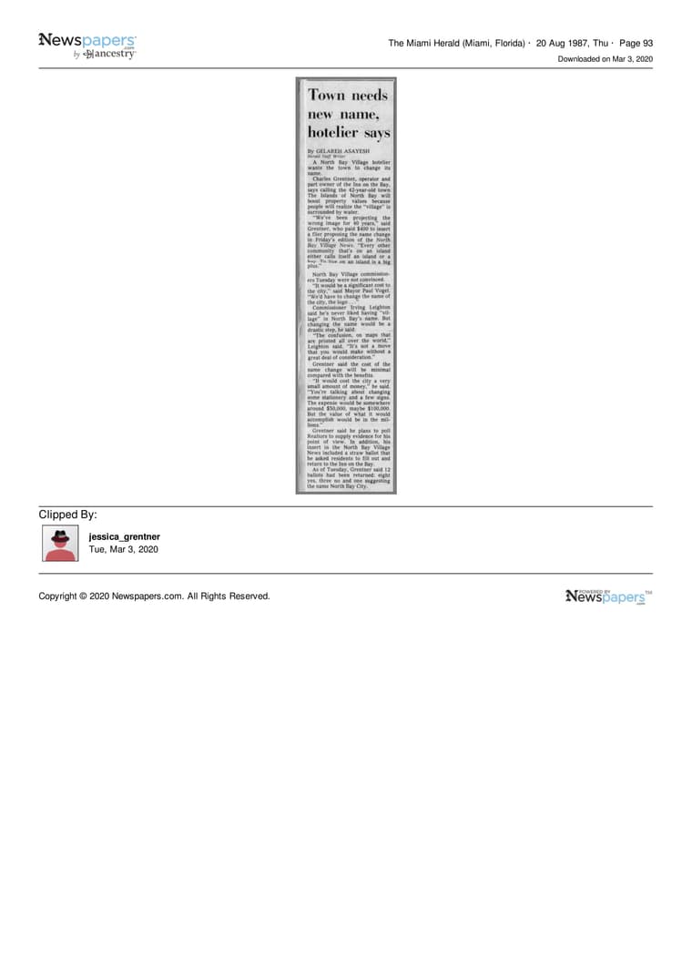 The Miami Herald 1987: Town needs new name, hotelier says